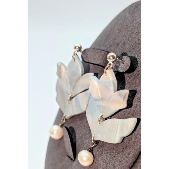 Blue Gray Sheen Polymer Clay Leaf 925 Sterling Genuine Pearl Dangle Earrings - Picture 3 of 5